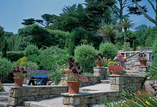 Un jardin méditerranéen sur plusieurs niveaux avec un escalier et des murs en pierre, des poteries, et des végétaux méditerranéens