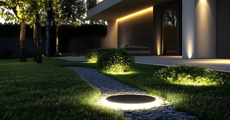 Maison avec éclairage extérieur élégant sur la façade et le jardin