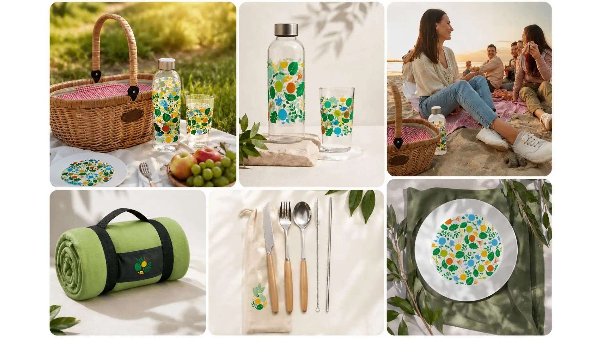 Cadeaux du programme fidélité Cmonjardinier : plaid vert, carafe en verre, couverts éco-responsables en bois et inox, assiette et verre décorés, panier pique-nique — collection 2026-2027