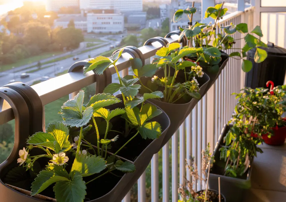 Plants de fraises en pots sur un balcon - potager urbain et culture de petits fruits en ville
