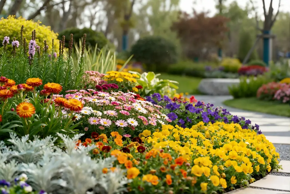 Massif de vivaces avec floraisons échelonnées : rosiers, lavande, hortensias et pivoines